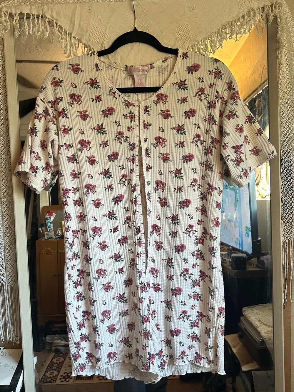 Floral Ribbed Button-Up Nightshirt - Cream with Rose Print